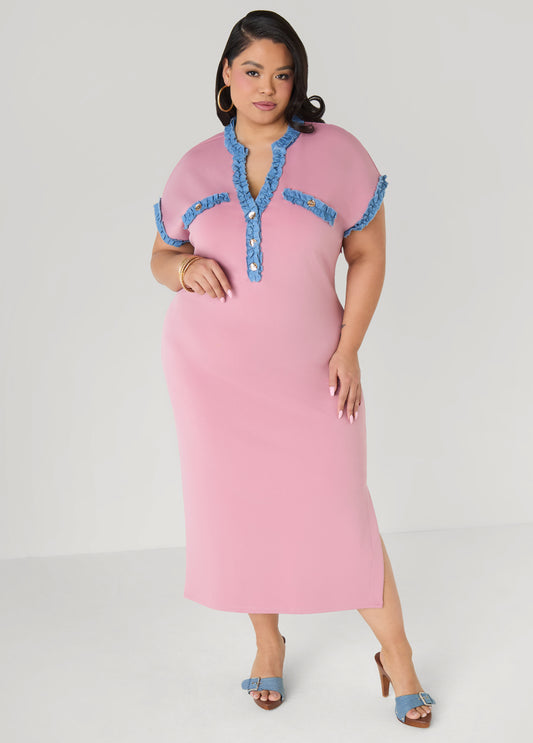 Denim Trimmed Bodycon Maxi Dress