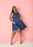 Plus Size Dark Wash Denim Dress A Line Sleeveless Jean Dress