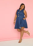 Plus Size Dark Wash Denim Dress A Line Sleeveless Jean Dress
