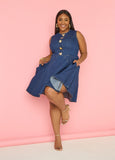 Plus Size Dark Wash Denim Dress A Line Sleeveless Jean Dress