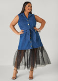 Tulle Paneled Denim Maxi Dress