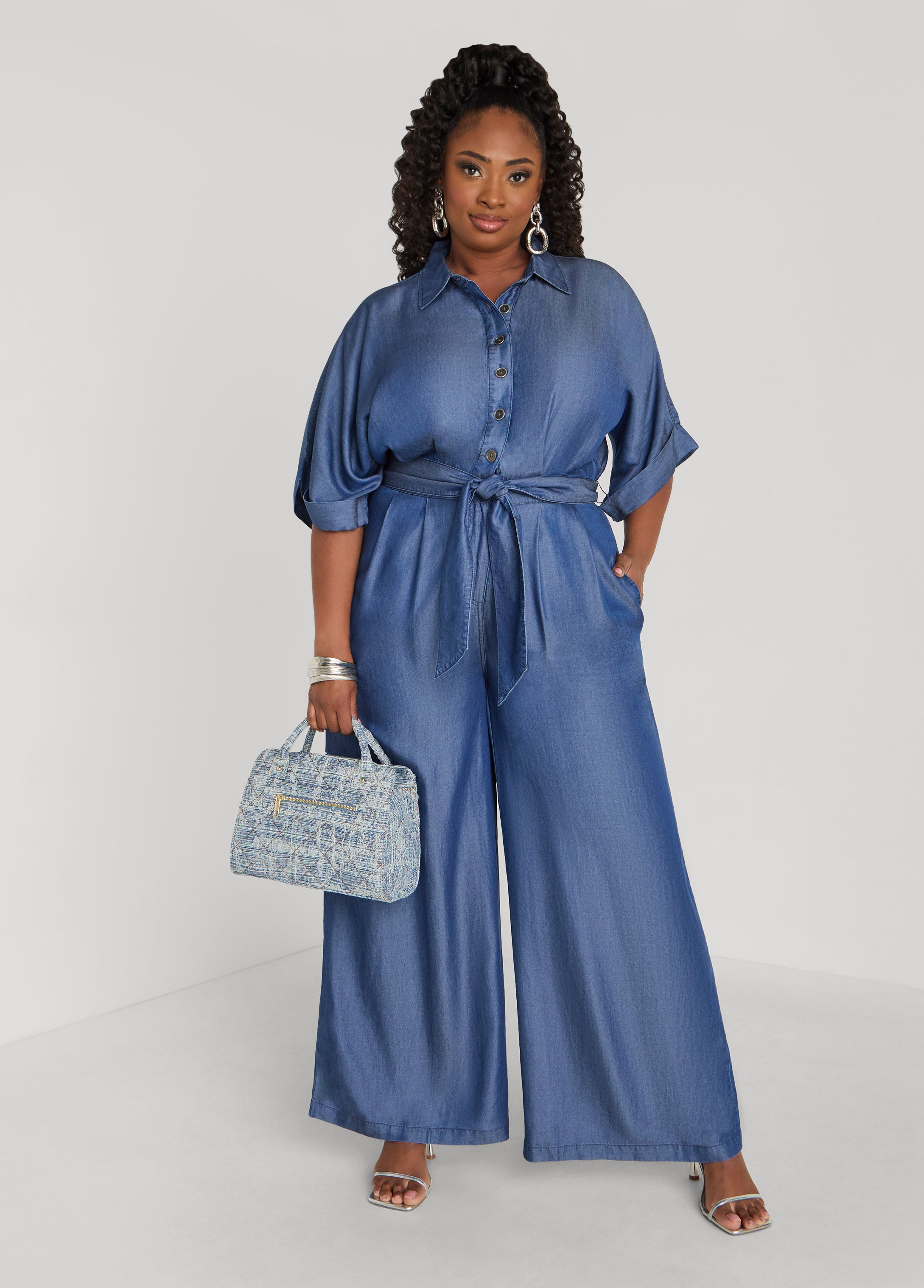 Plus Size Jean Jumpsuit Denim Jumpsuit Chambray Wide Leg Jumpsuit