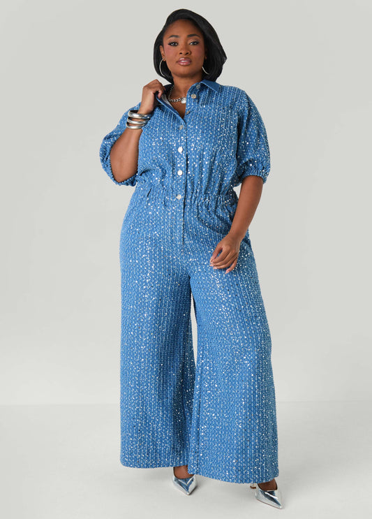 Sequined Denim Wide Leg Jumpsuit