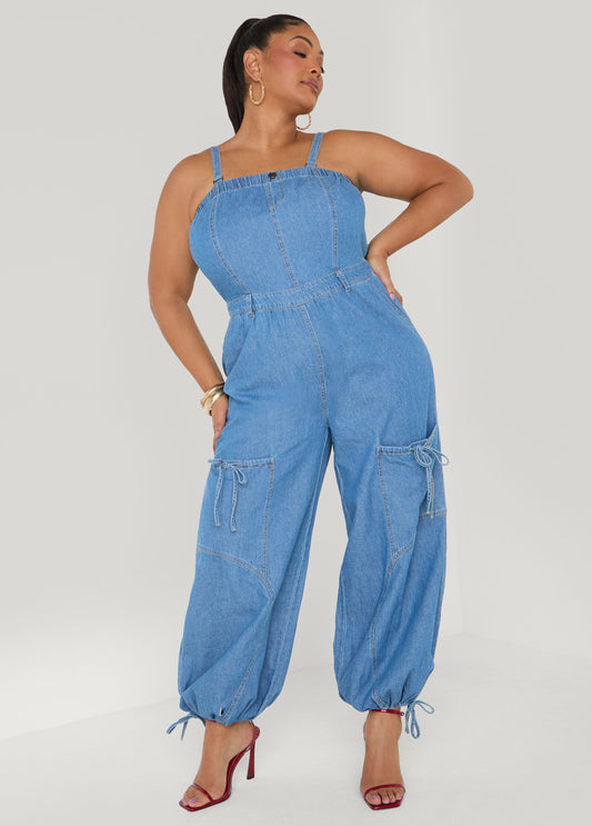Convertible Denim Joggers Jumpsuit