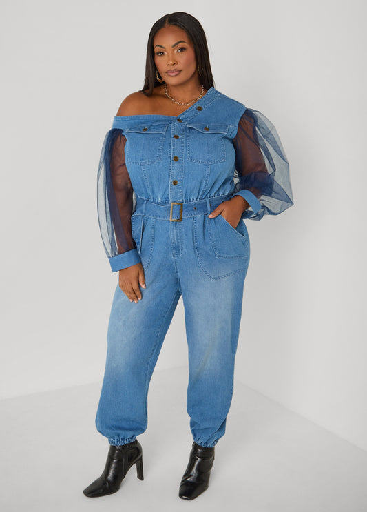 Mesh Sleeved Denim Jumpsuit