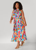 Chain Trimmed Abstract Print Dress