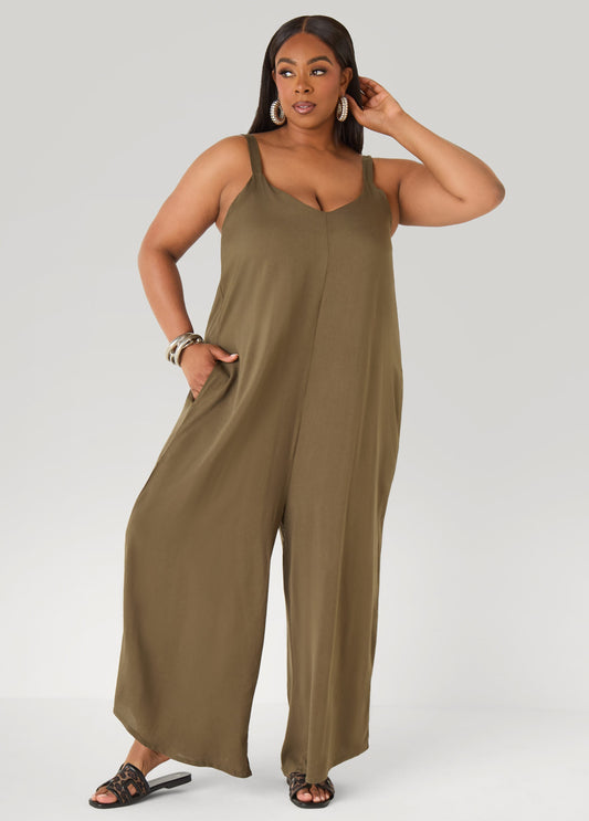 Plus Size Wide Leg Jumpsuit Summer Sleeveless Woven Jumpsuit