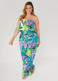 Plus Size Bandeau Jumpsuit Leaf Print Summer Strapless Jumpsuit