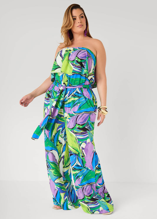 Plus Size Bandeau Jumpsuit Leaf Print Summer Strapless Jumpsuit