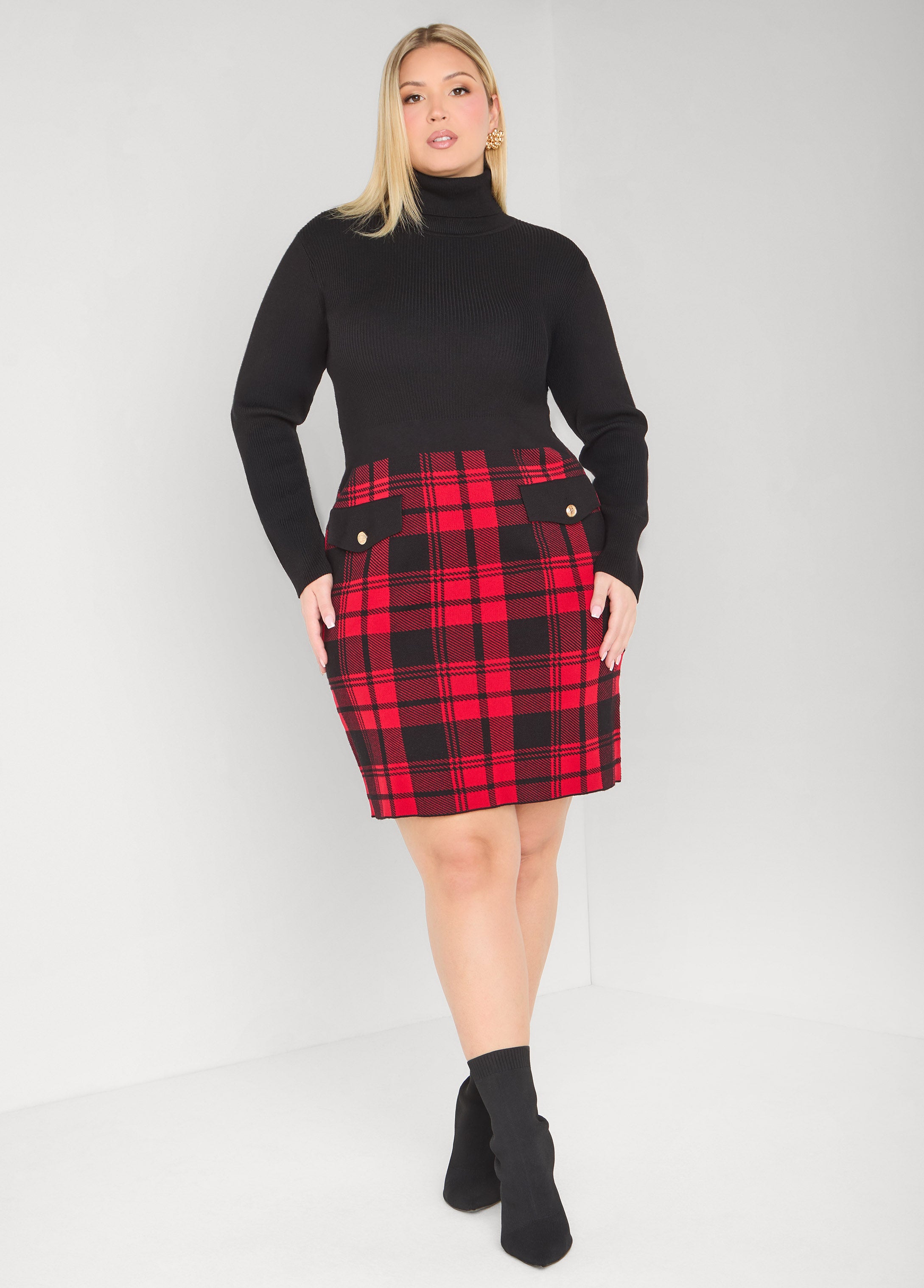 Plus Size Plaid Panel Bodycon Sweater Dress