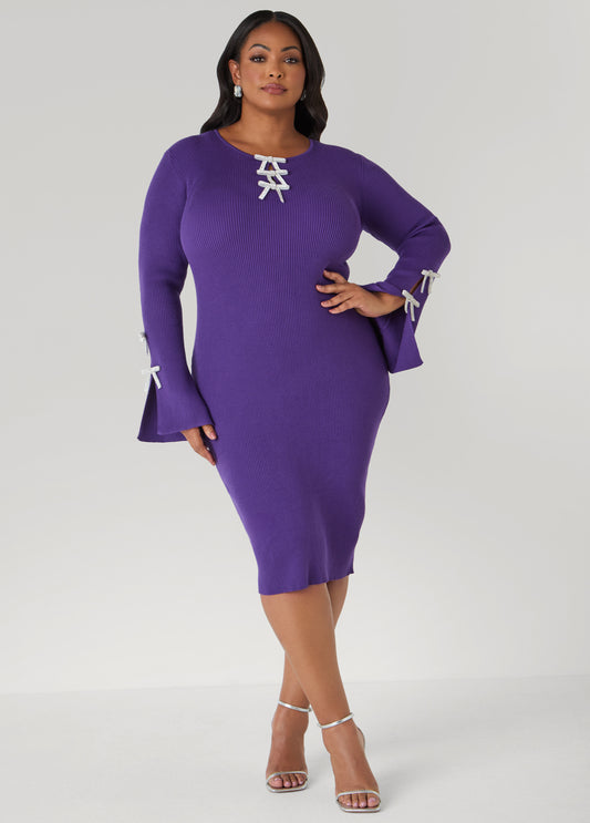 Plus Size Crystal Bows Cutout Sweater Dress