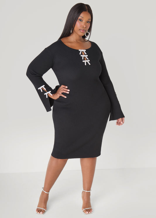 Plus Size Ribbed Sweater Dress LBD Holiday Crystal Bows Dress
