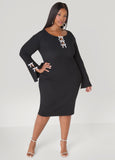 Plus Size Ribbed Sweater Dress LBD Holiday Crystal Bows Dress
