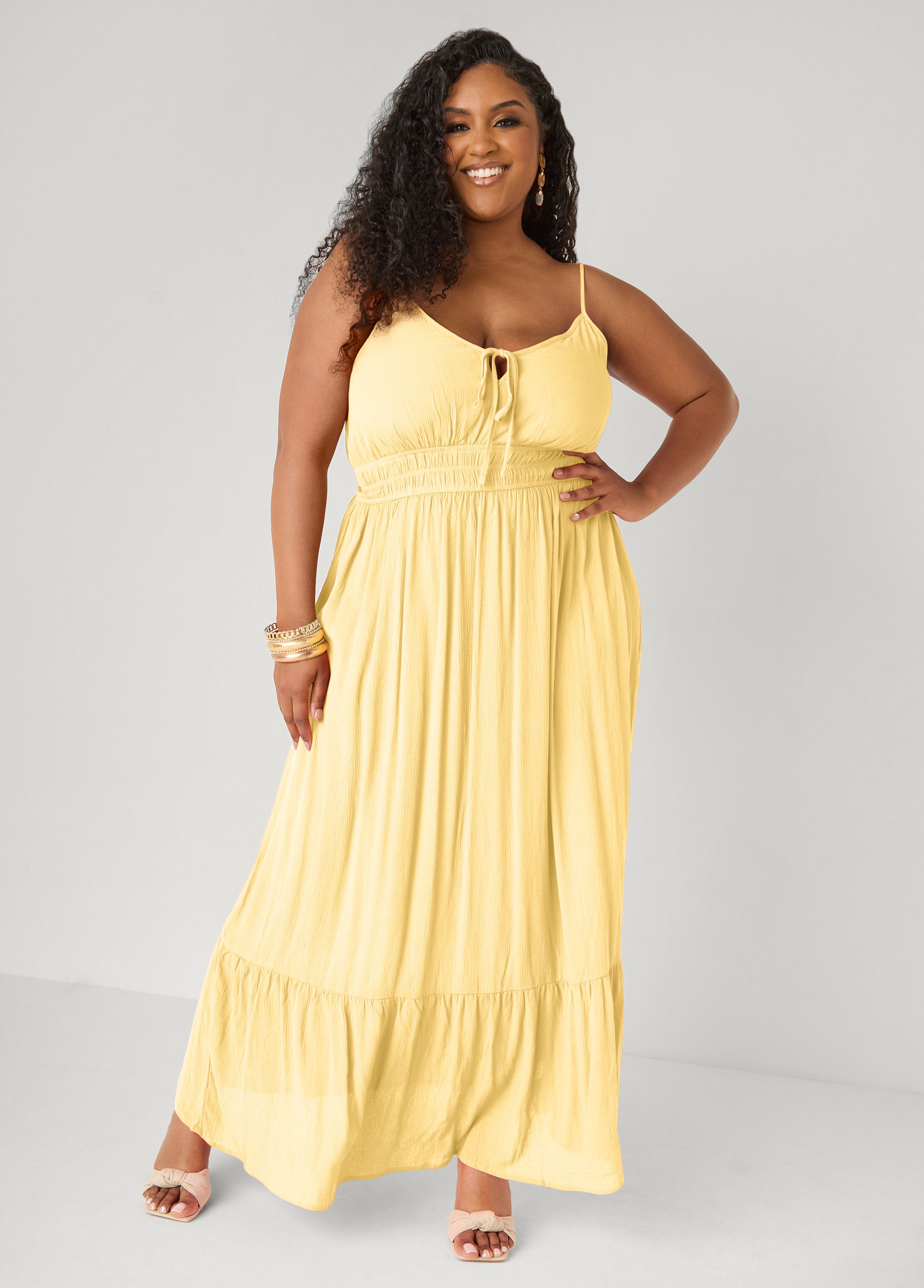 Plus Size Smocked Tie Front Maxi Dress, Coral, 3X Plus Size Smocked Tie Front Maxi Dress, Coral, 3X