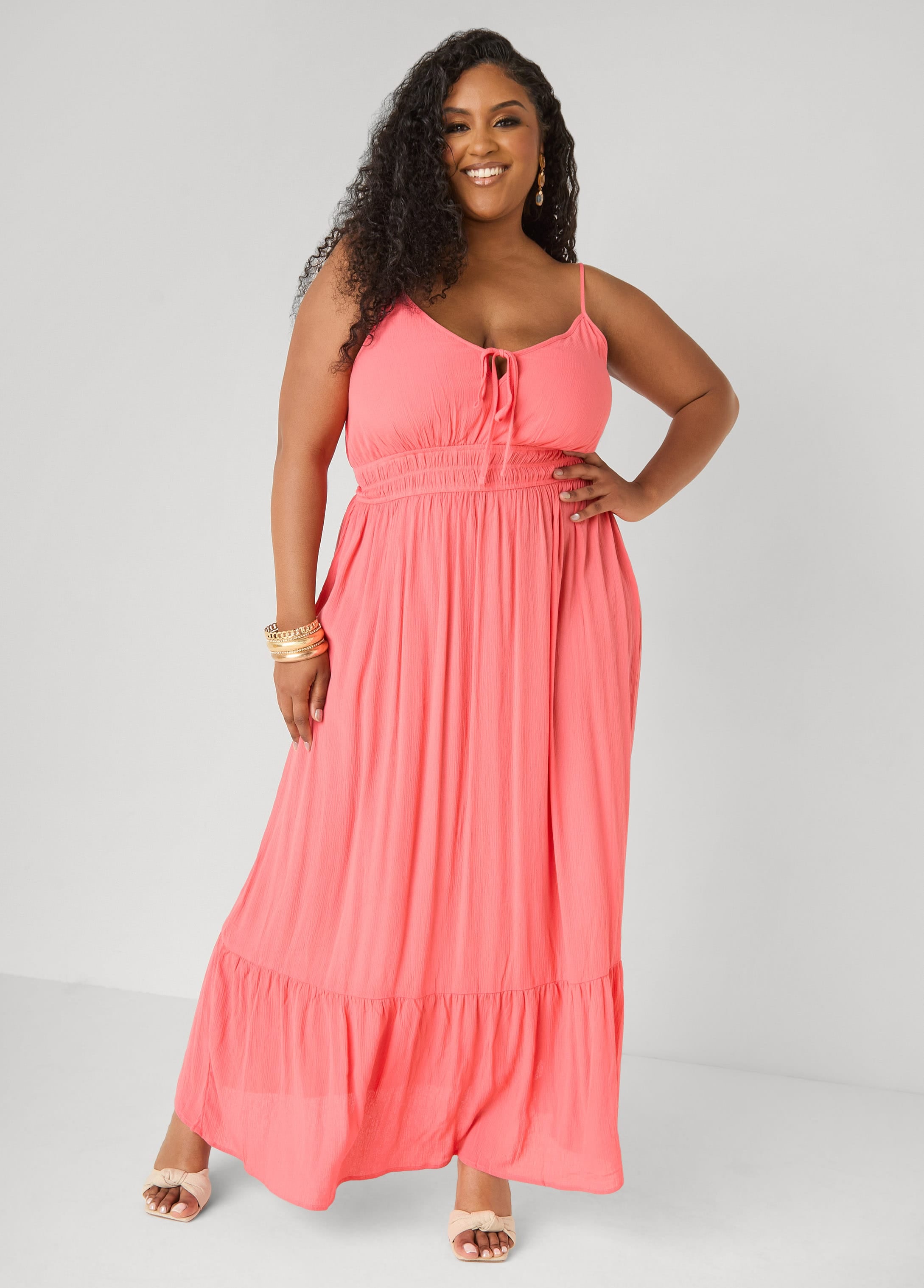 Plus Size Smocked Tie Front Maxi Dress, Yellow, 1X