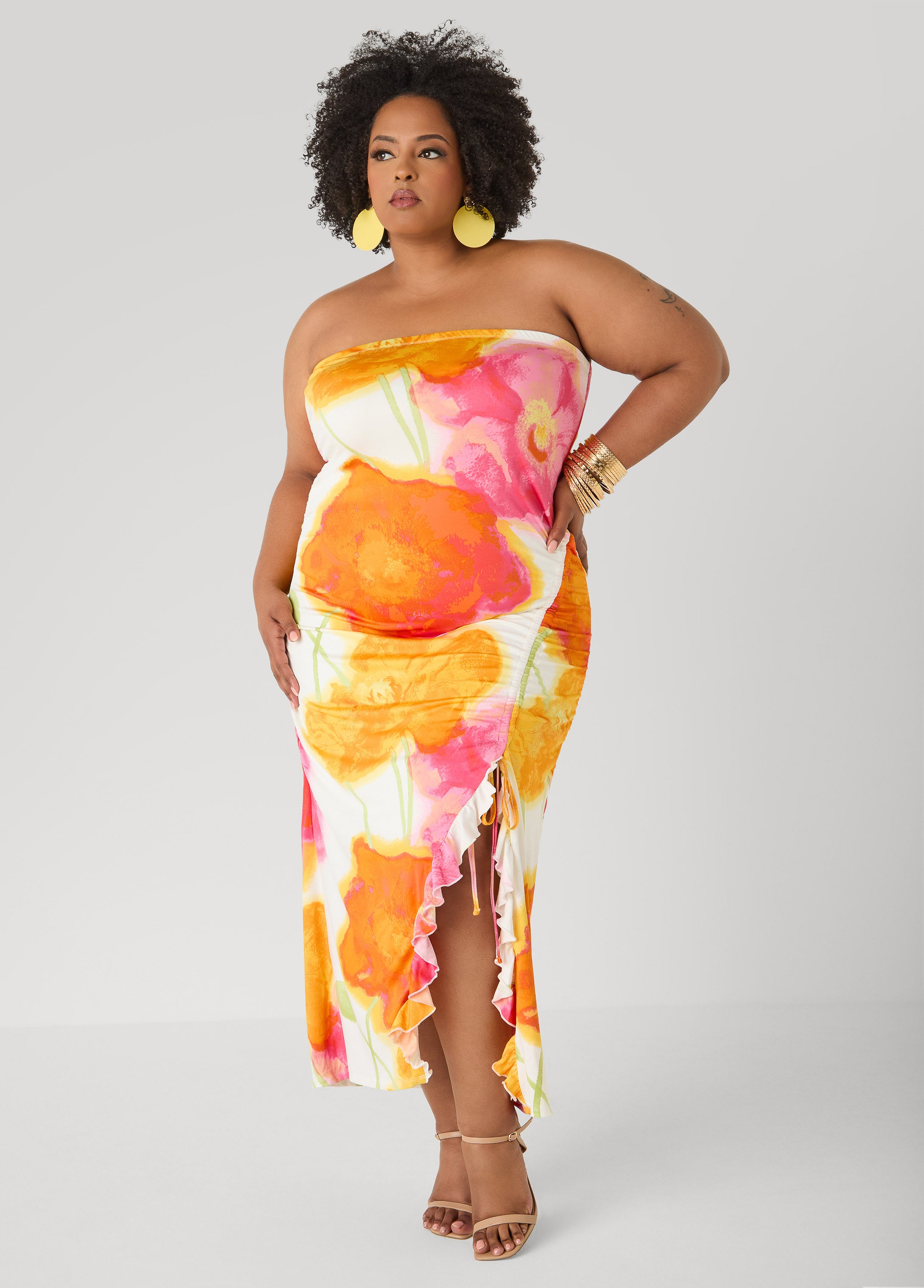 Plus Size Strapless Floral Maxi Dress, Poinsettia, 1X - Ashley Stewart Plus Size Strapless Floral Maxi Dress, Poinsettia, 1X - Ashley Stewart