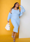 Plus Size Checked Blue Textured Knit Midi Skirt Three Piece Set