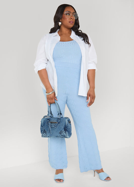 Plus Size Greek Key Jacquard Knit Flared Pants Matching Set
