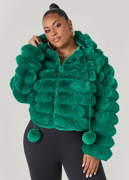 Plus Size Pom Pom Faux Fur Jacket