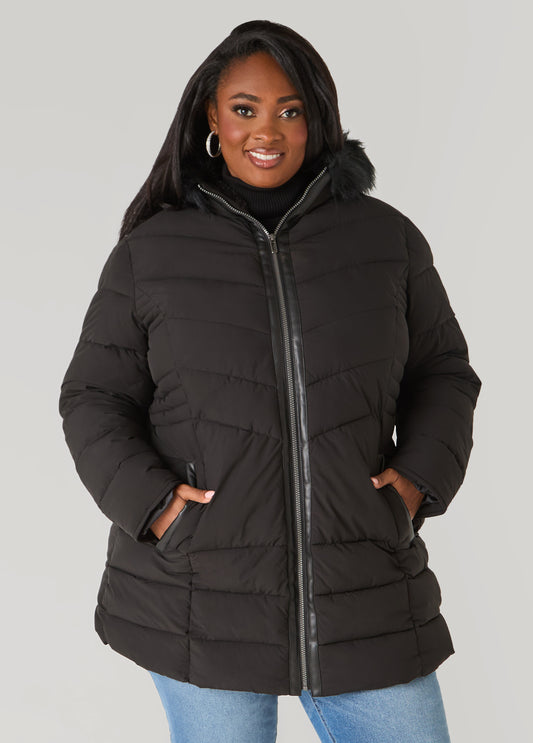 Plus Size Faux Fur Trimmed Hooded Coat