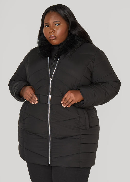 Quilted Faux Fur Trimmed Coat