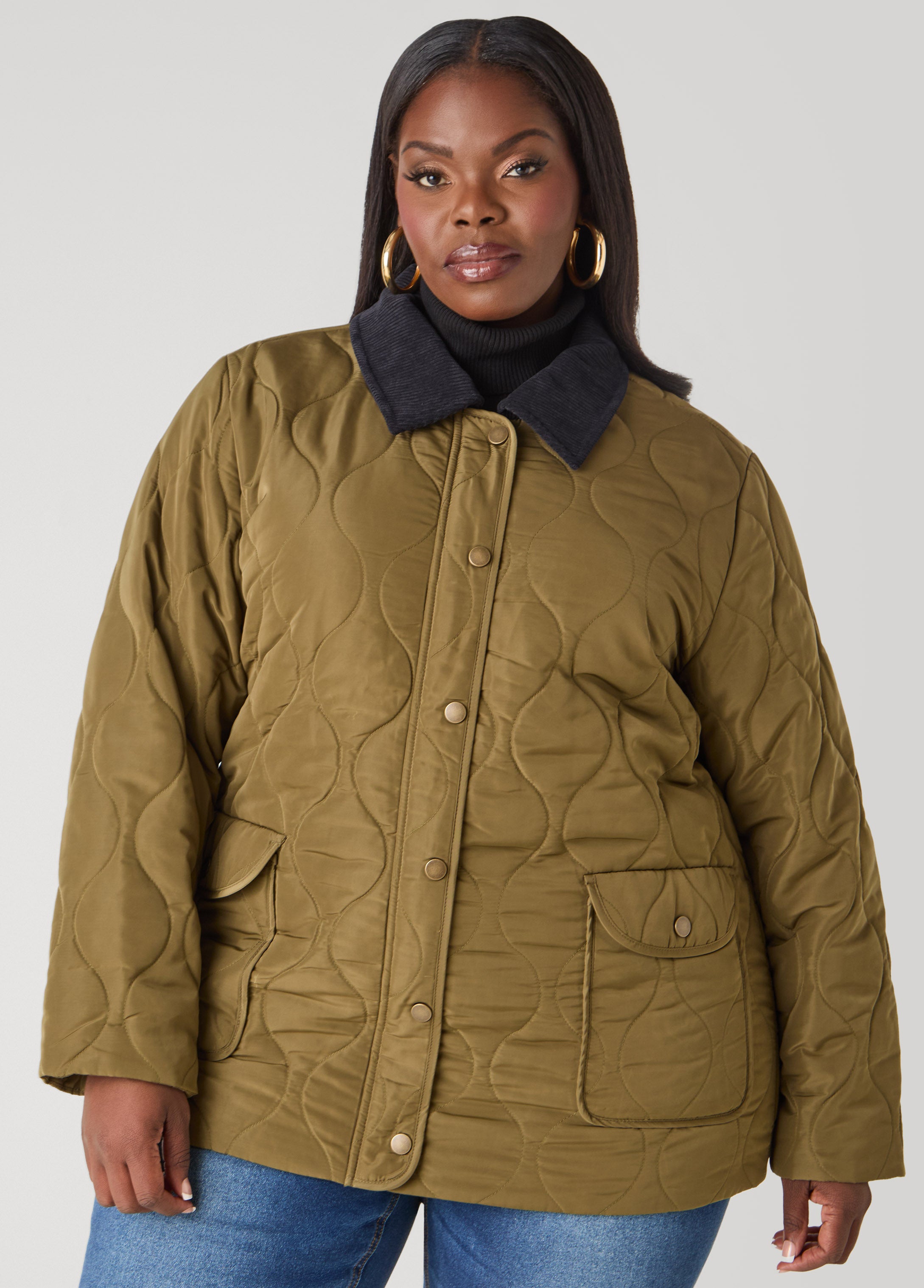 Plus Size Corduroy Paneled Barn Jacket