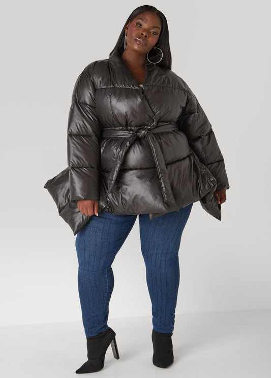 Asymmetric Belted Puffer Jacket
