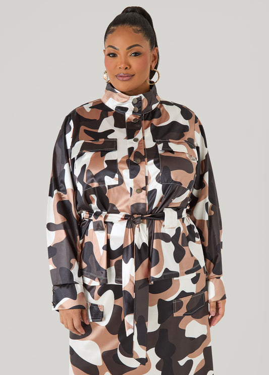 Belted Camo Print Satin Jacket