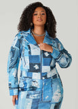Plus Size Denim Print Moto Jacket