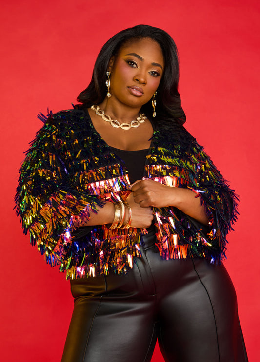 Plus Size Iridescent Jacket Holiday Party Sequin Fringed Jacket