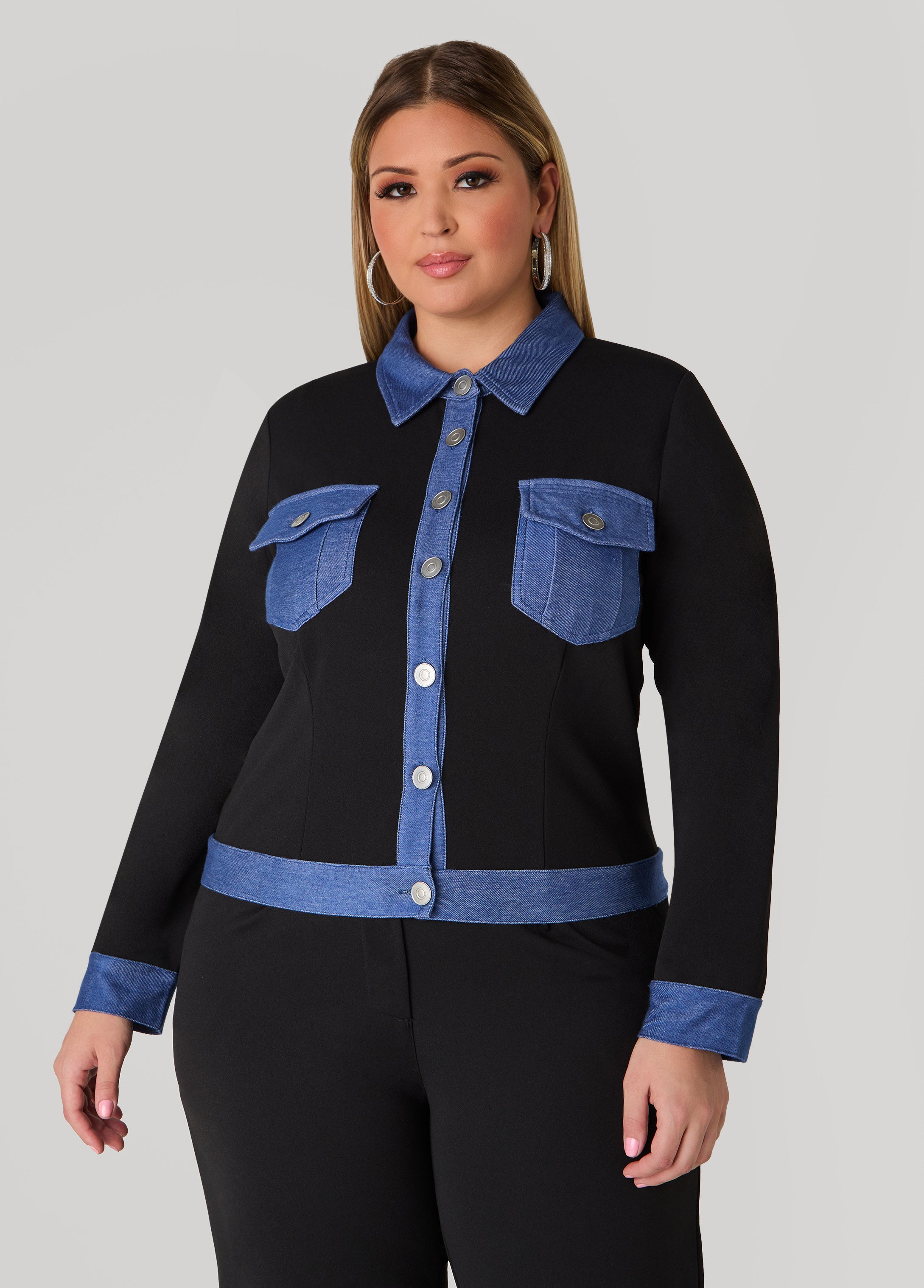 Plus Size Denim Paneled Jacket