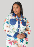 Denim Trimmed Floral Print Jacket