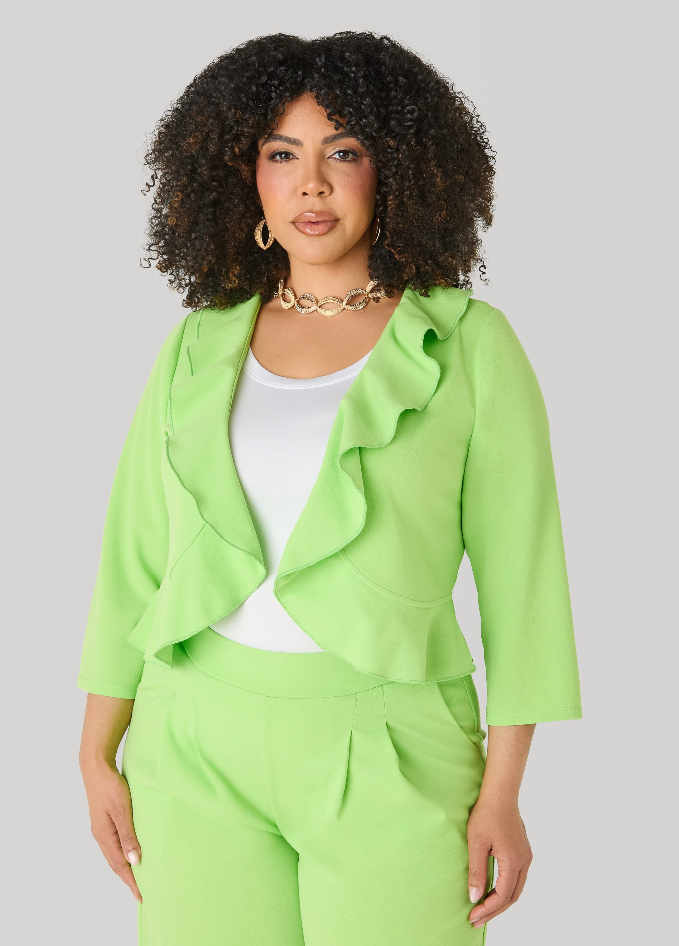 Open Front Ruffled Jacket – Ashley Stewart