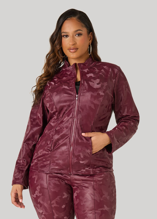 Camo Print Faux Leather Jacket