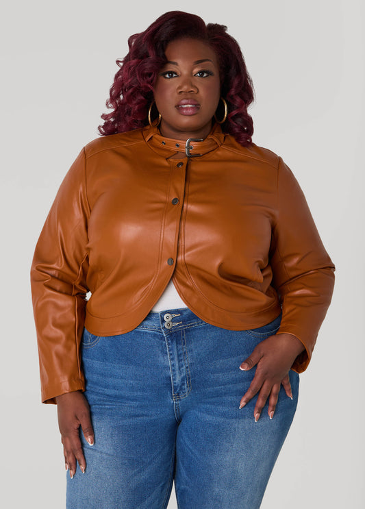 Plus Size Buckle Collar Faux Leather Jacket