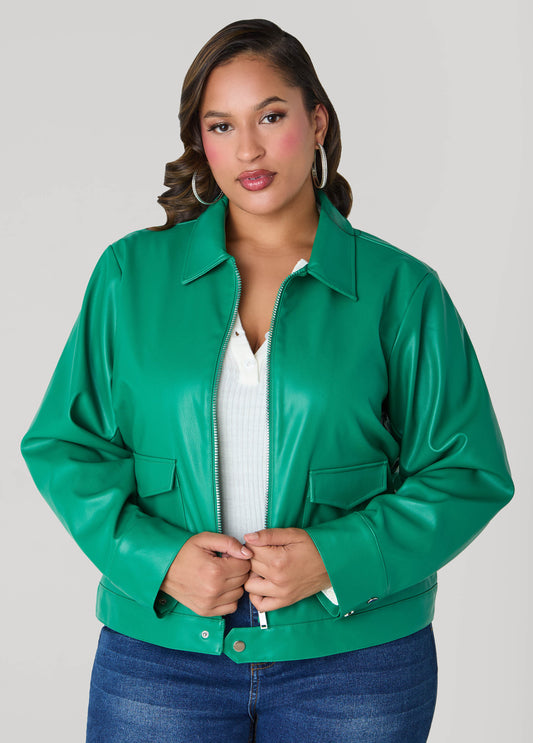 Plus Size Faux Leather Trucker Jacket