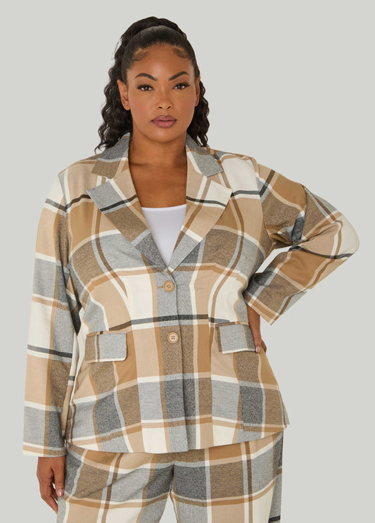Button Front Plaid Boyfriend Blazer