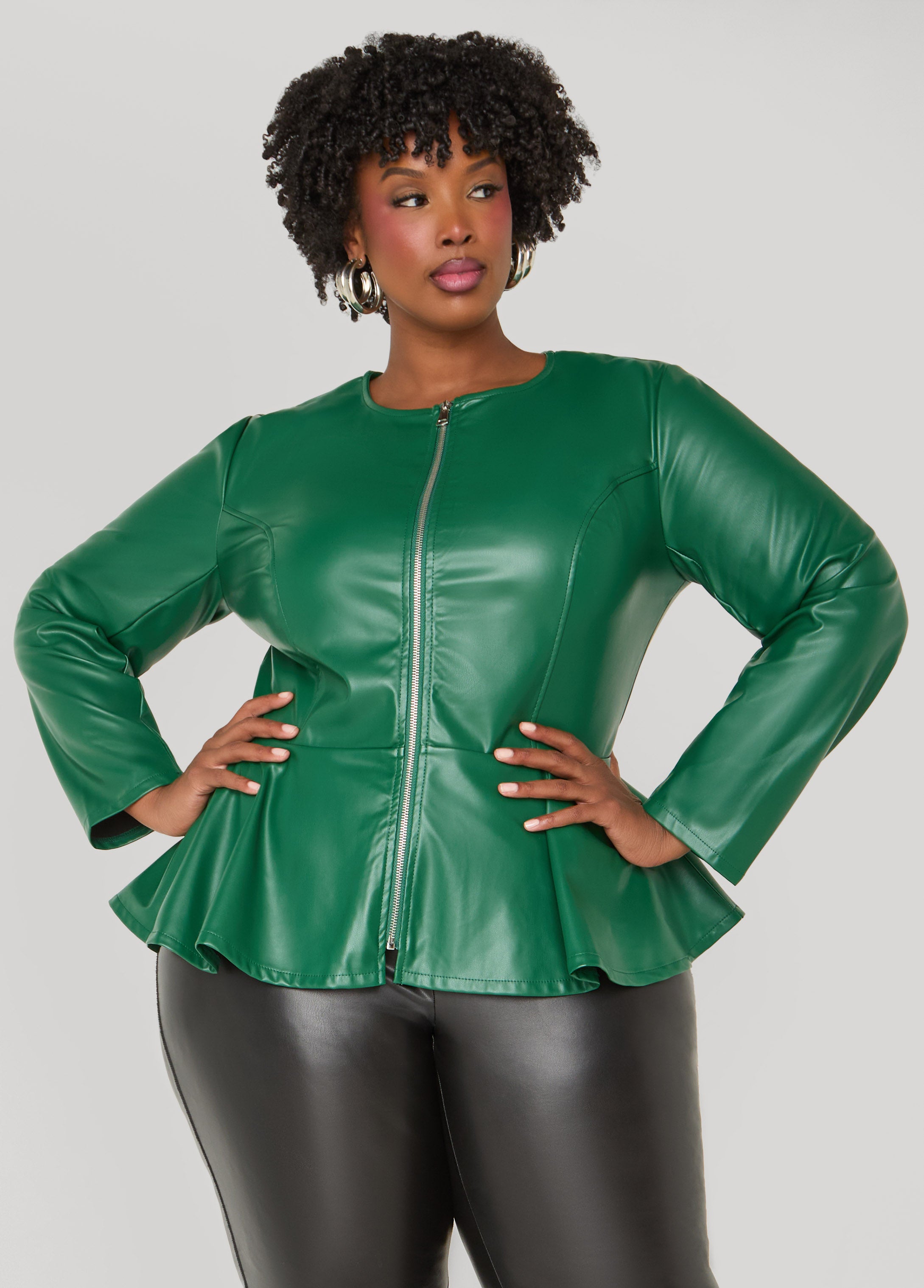 Plus Size Faux Leather Peplum Jacket
