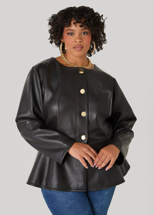 Plus Size Faux Leather Peplum Jacket