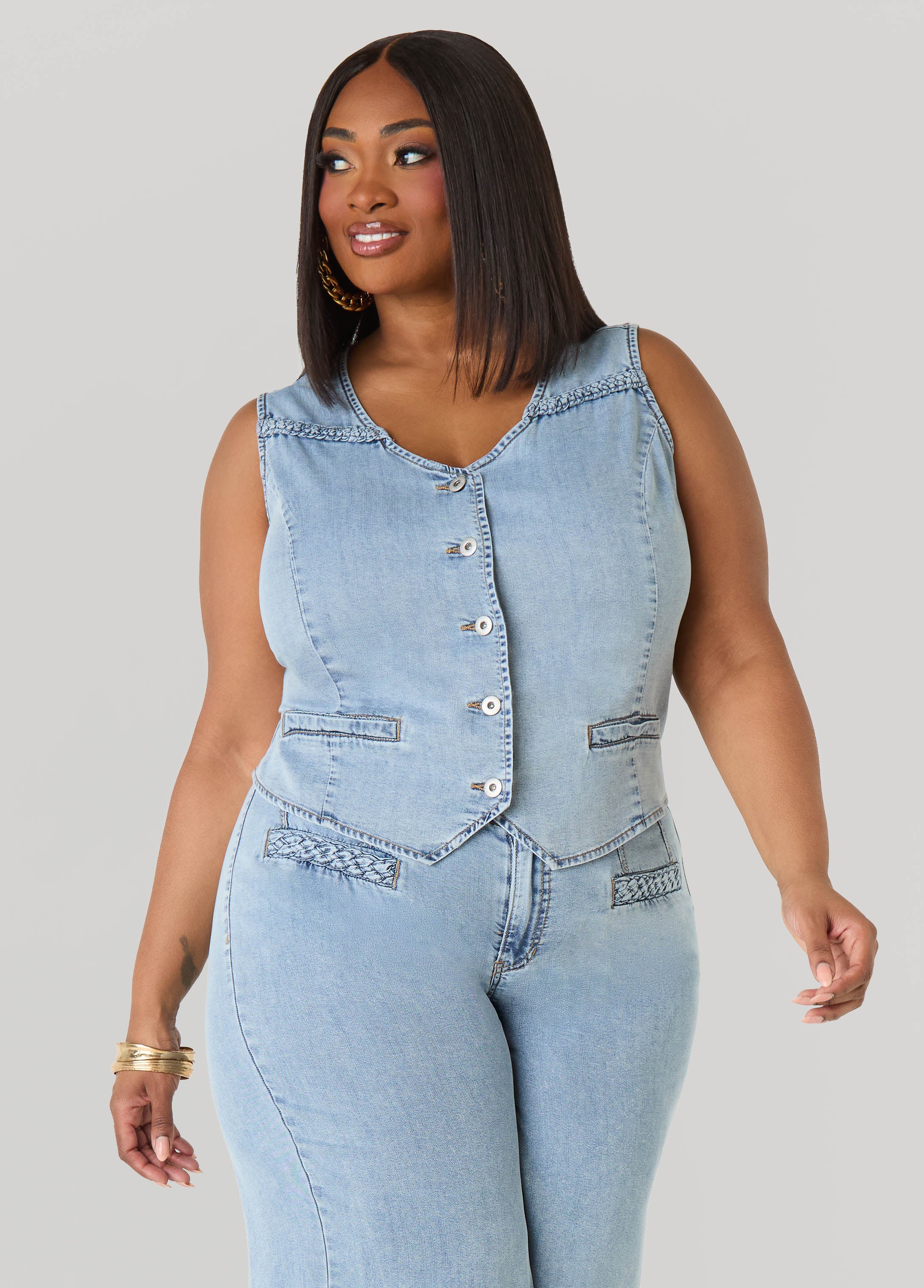 Plus Size Braided Chambray Vest, Denim, 26 - Ashley Stewart Plus Size Braided Chambray Vest, Denim, 26 - Ashley Stewart