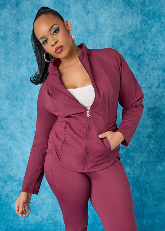 Plus Size Track Jacket Burgundy Athletic Jacket Two Piece Set