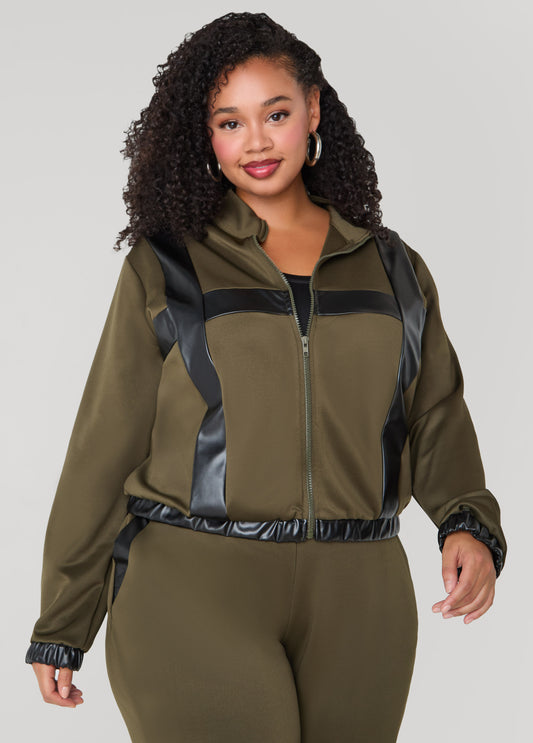 Plus Size Faux Leather Paneled Track Jacket