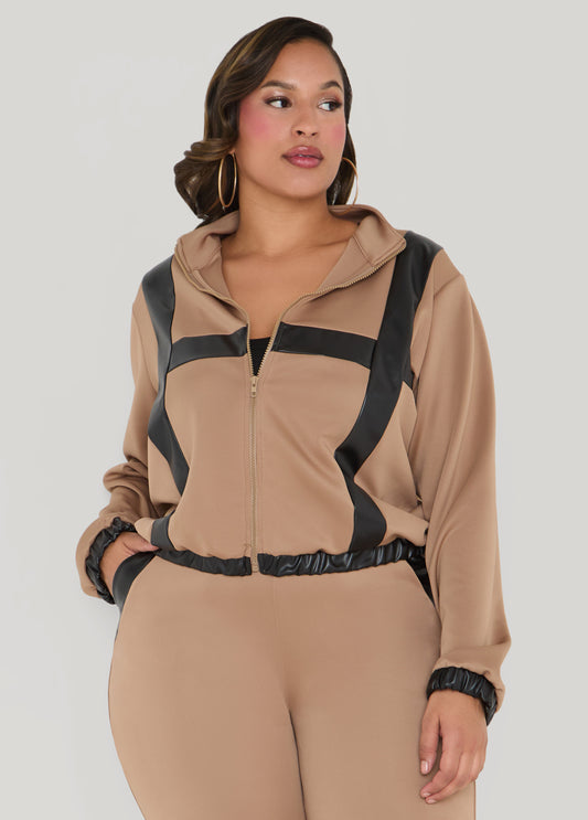 Faux Leather Paneled Track Jacket