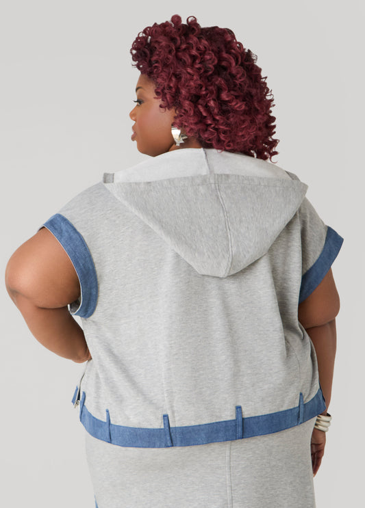 Denim Trimmed French Terry Hoodie