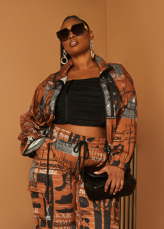 Plus Size Windbreaker Jacket Newspaper Two Piece Matching Set