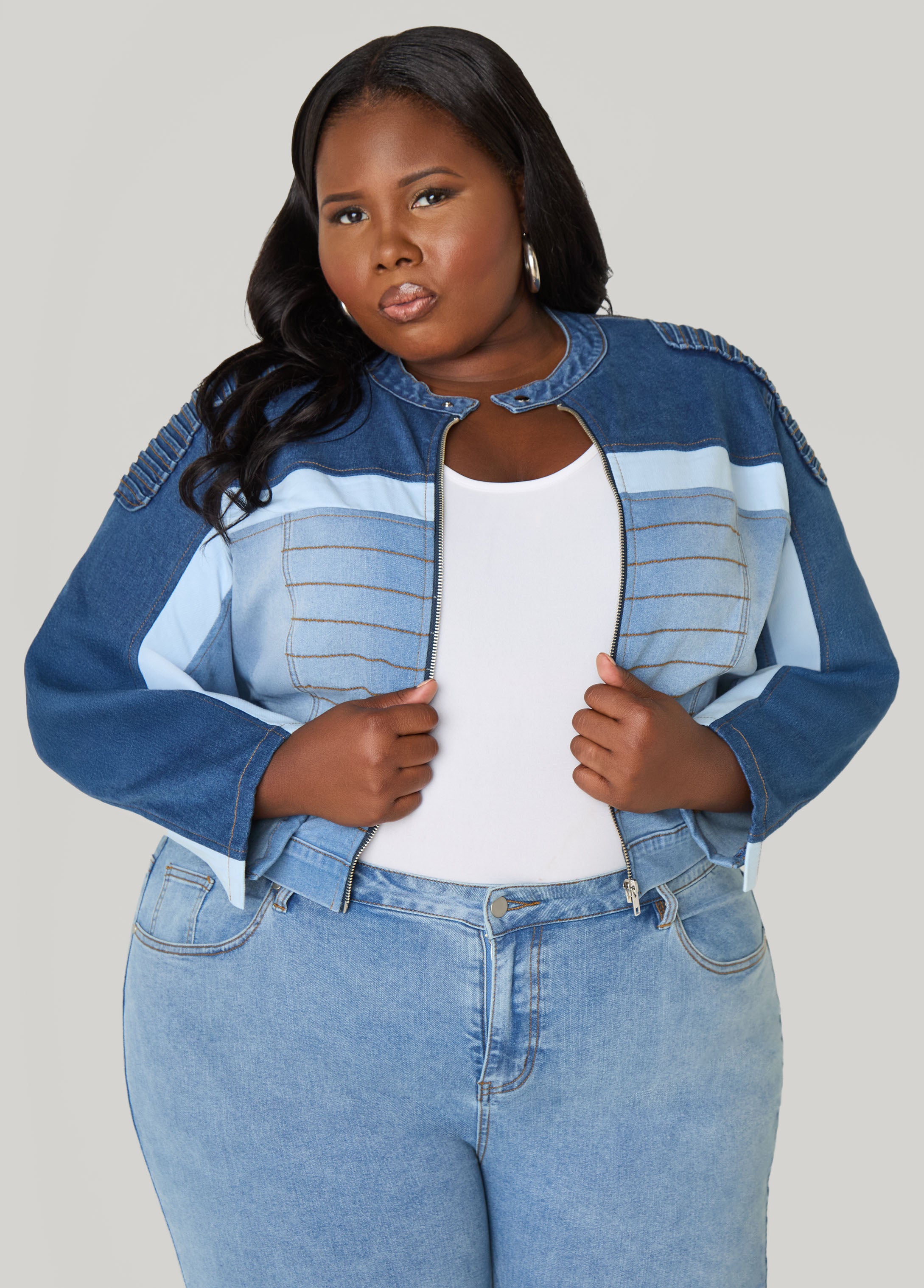 Plus Size Colorblock Denim Moto Jacket