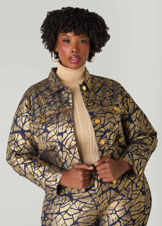 Plus Size Cropped Shatter Print Denim Jacket