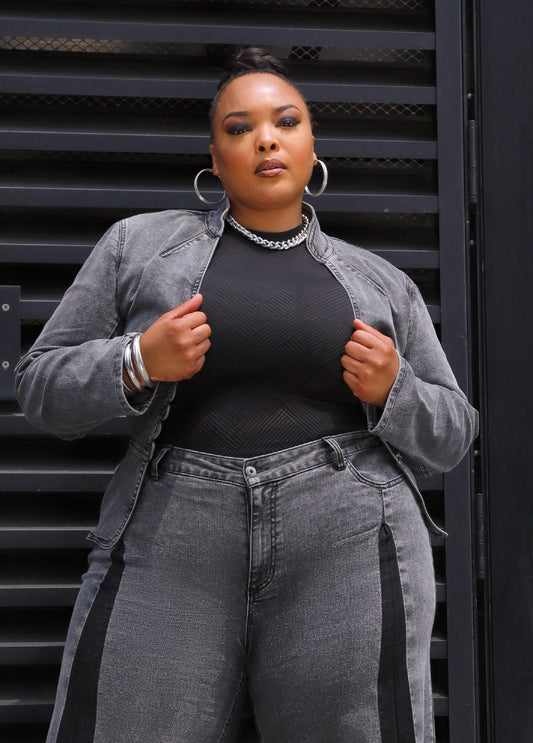 Plus Size Stonewash Black Denim Jacket Jean Jacket Matching Set
