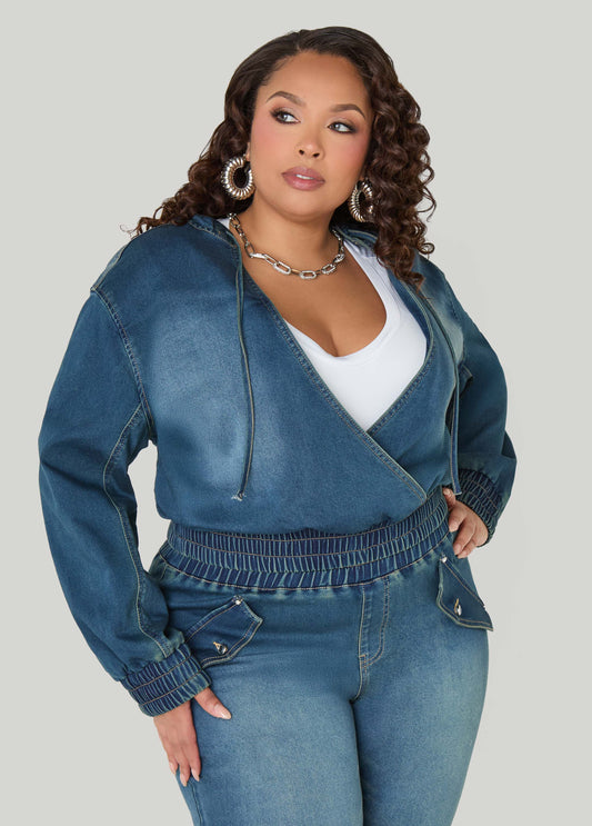 Hooded Faux Wrap Denim Jacket