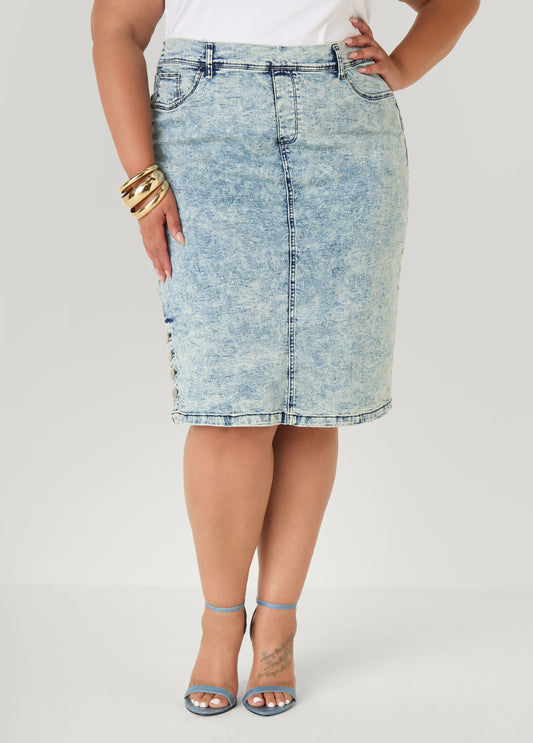 Buttoned Acid Wash Denim Skirt